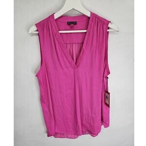 Vince Camuto V-Neck Sleeveless Rumpled Satin Blouse in Hot Flamingo Pink Size M
